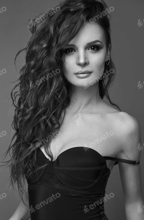 Preview: Beauty Portrait Of Young Swag Sexy Woman With Curly Long Hair In Studio, Grayscale Color