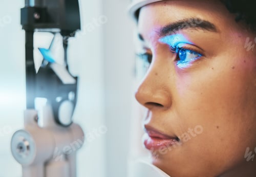 Preview: Optometry, medical and eye exam with black woman and consulting for vision, healthcare and glaucoma