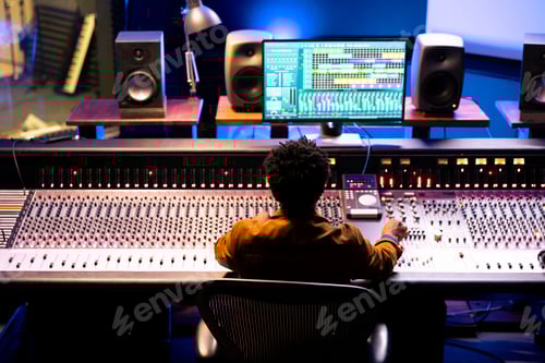 Preview: Joyful sound designer finishing a new hit song in music recording studio