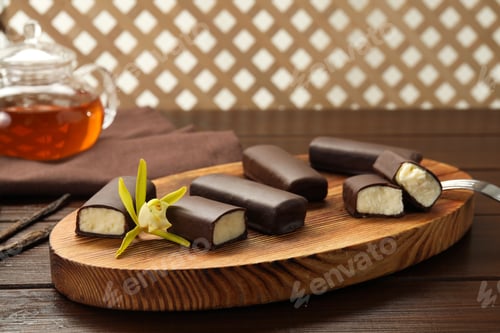 Preview: Glazed curd cheese bars and vanilla flower on wooden table, closeup