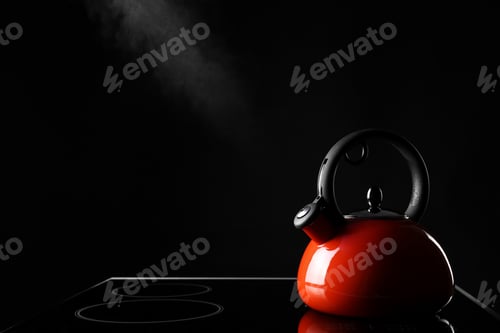 Preview: Modern kettle with whistle on stove against black background, space for text