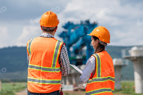 Preview: Civil engineers are taking measurements with surveying tools during the construction.