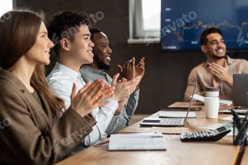 Preview: Successful Meeting. Colleagues having training in boardroom, clapping hands
