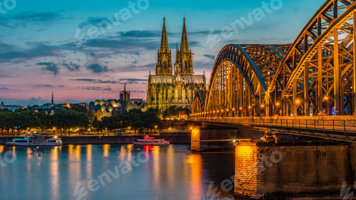 Preview: Cologne Koln Germany during sunset, Cologne bridge with cathedral