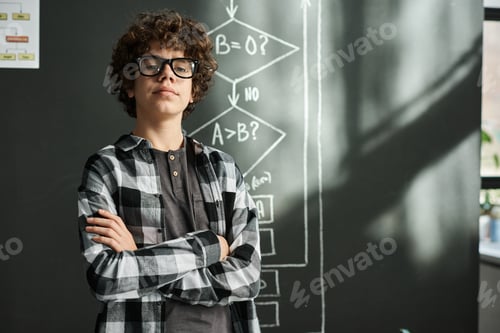 Preview: Intelligent schoolboy standing at classroom