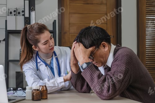 Preview: A female doctor is giving advice on diseases and medicine to an elderly male patient. 60s who has a