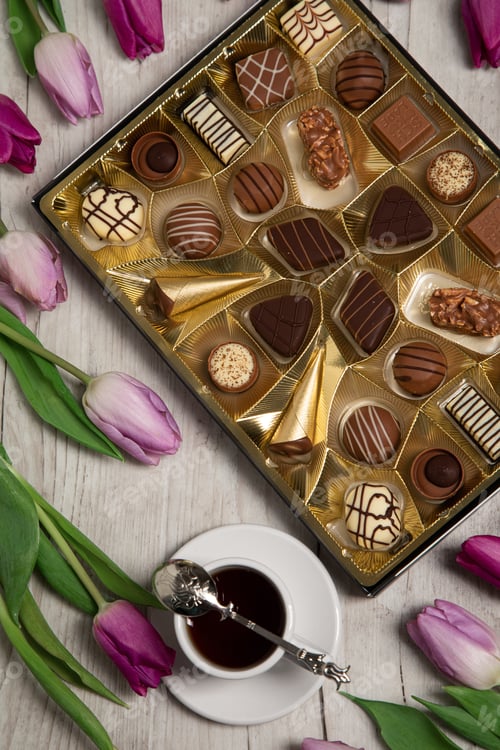 Preview: Box of chocolates and flowers.