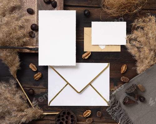 Preview: Cards and envelopes boho mockup on dark wood near natural decor and pampas grass top view