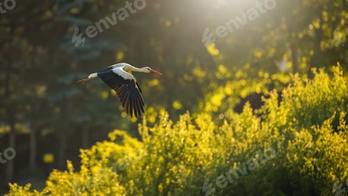 Preview: White stork with open wings over the bushes in sunlight