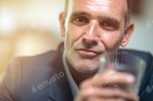 Preview: No desire to change. Businessman suffering from alcoholism. Copy space on the left side.