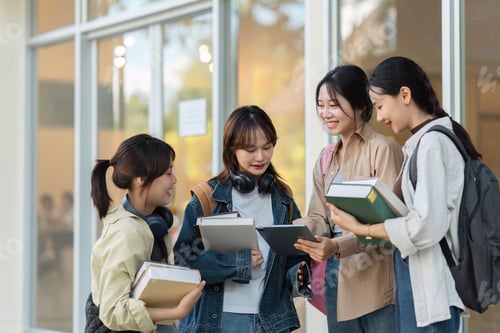 Preview: university students using a digital tablet while walking to next class