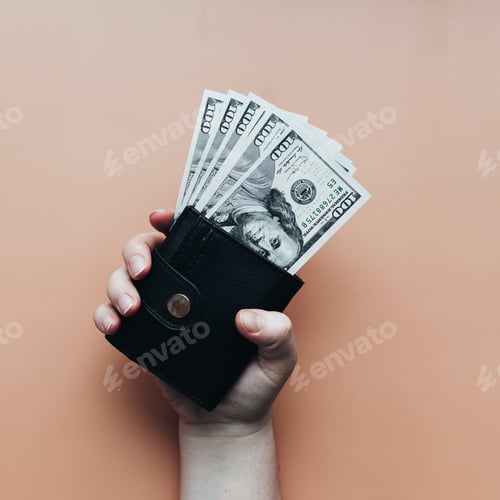 Preview: Bundle of dollars in purse and hand on beige background