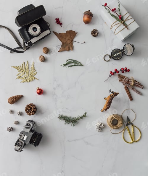 Preview: Creative mock up layout made of hipster christmas decoration. Flat lay. Holiday concept.