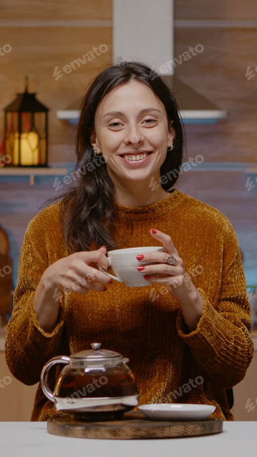 Preview: Festive woman talking on video call conference with family