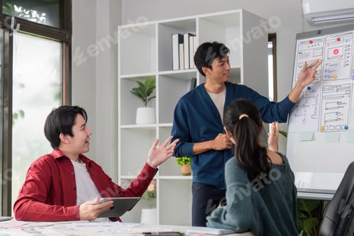 Preview: Design Presentation and Team Dynamics. A project leader explaining design concepts on a board.
