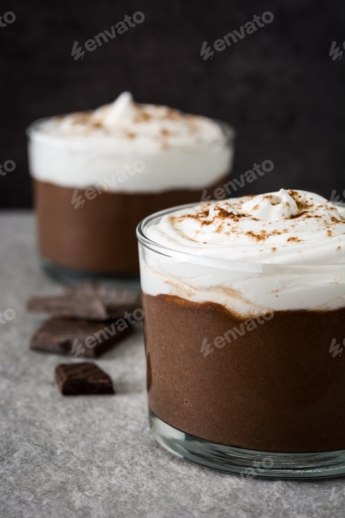 Preview: Delicious chocolate mousse garnished with whipped cream and cocoa powder