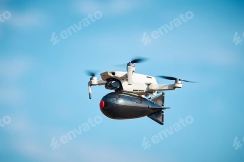 Preview: drone with a bomb for fishing on board flies in the sky
