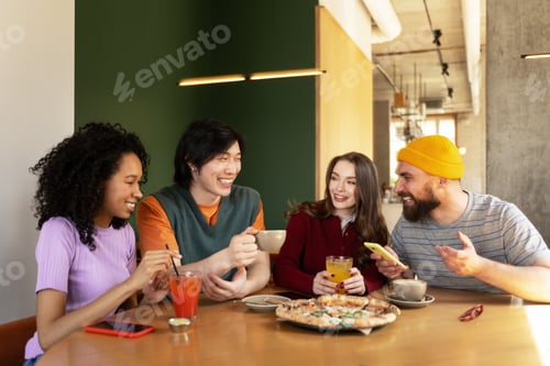 Preview: Friends Enjoying Drinks and Pizza Together