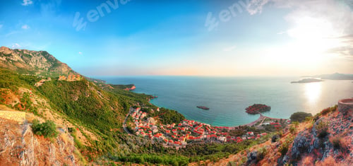 Preview: Aerial stunning view of the islet Sveti Stefan from church st. Sava viewpoint