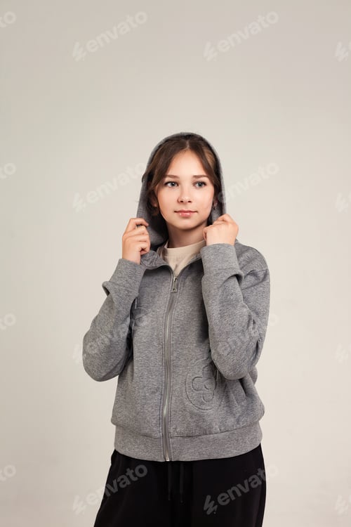 Preview: Teen Girl Wearing Hooded Jacket, Neutral Background