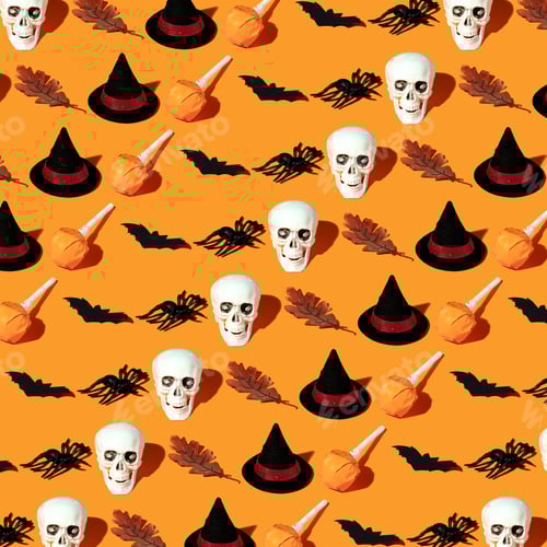 Preview: Orange background with collection of Halloween objects, Halloween pattern