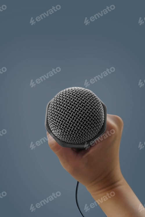 Preview: Hand holding microphone on grey background - Clipping path
