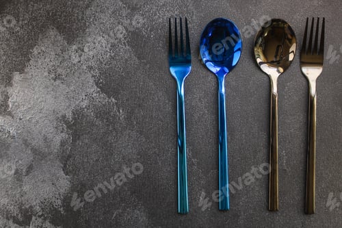 Preview: Cutlery Rustic, Used For Eating Or Serving (Fork, Knife, Spoon, Plate - Set). Food Background. Copy