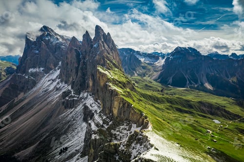 Preview: Aerial view of first snow in Seceda, Dolomites, Europe
