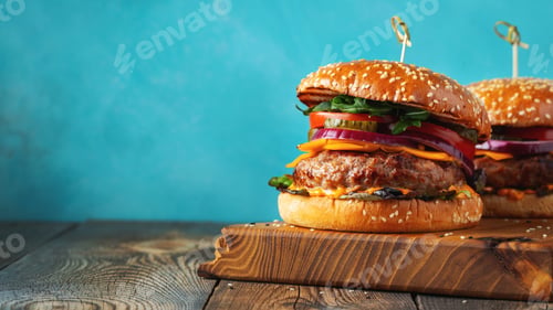 Preview: Two delicious homemade burgers of beef, cheese and vegetables