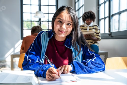 Preview: Smiling young chinese student writing notes in library classroom