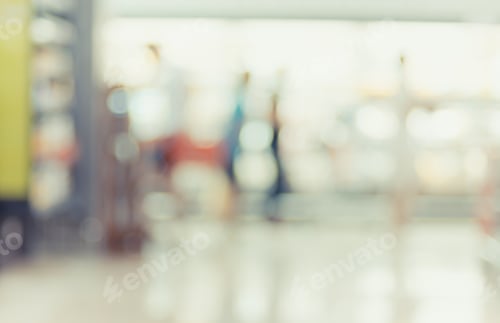 Preview: Blur background of customer shopping fresh food at Supermarket store product shelf with bokeh light.