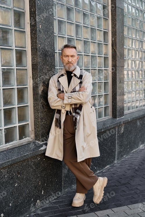 Preview: A stylish senior man confidently poses against a modern glass brick wall.
