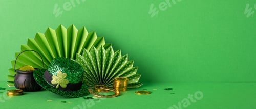 Preview: Green backdrop featuring St. Patrick's themed decorations including a glittery hat, pot of gold