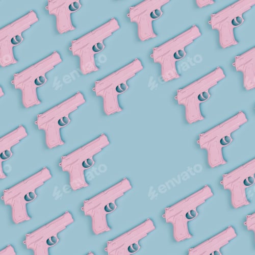 Preview: Colorful pastel pattern made of pink handguns with copy space. Minimal flat lay concept.