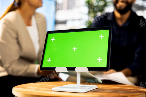 Preview: Focus on green screen tablet used by employees in blurry background