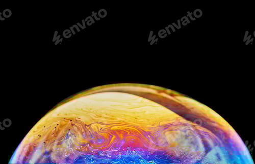 Preview: Virtual reality space with abstract multicolor psychedelic planet. Closeup Soap bubble like