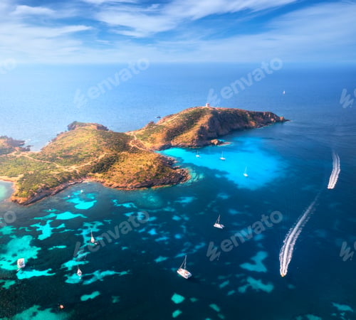 Preview: Aerial view of island, sea bay with clear azure water, boats