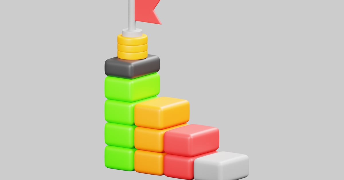 Stylized colorful blocks ladder with flag 3D, Incl. ladder & step - Envato