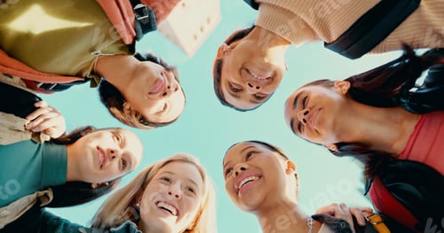 Preview: Students, team and education with friends from low angle for learning, college and studying knowled