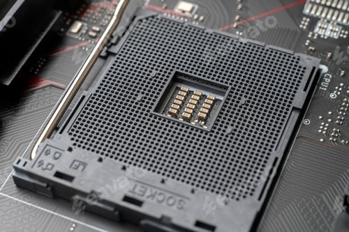 Preview: the macro view THe empty new computer socket on the motherboard for central processor or cpu