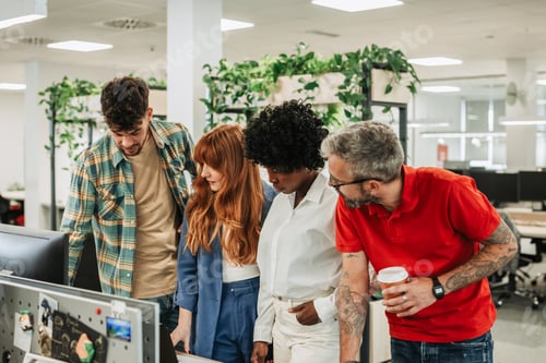 Preview: Diverse colleagues discussing work while working together in the modern office