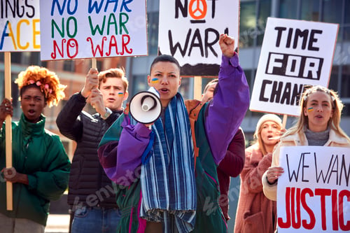 Preview: Group Of Protestors With Placards And Megaphone On Anti War Demonstration March