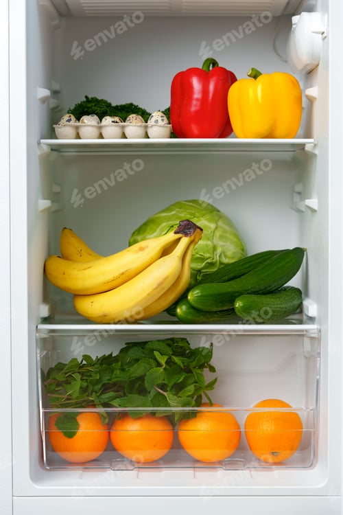 Preview: Open Refrigerator Door Showing Fresh Produce Inside
