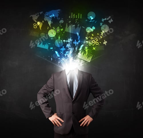 Preview: Business Man In Suit With Graph And Charts Exploding From His Body Concept