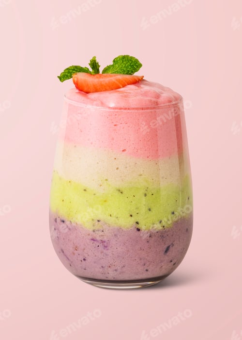 Preview: Layered healthy fruit smoothie on background mockup