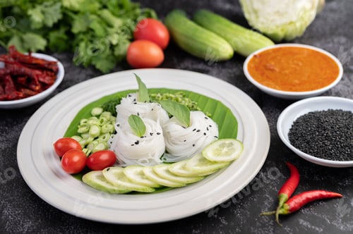 Preview: ืRice noodles in a banana leaf with beautifully laid vegetables and side dishes. Thai food.