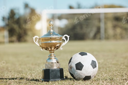 Preview: Win, field and football and trophy for sports, game award and achievement in a contest. Fitness, gr
