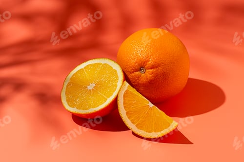 Preview: On the coral surface, next to two neatly sliced slices, there is a whole orange. Sunlight casts soft