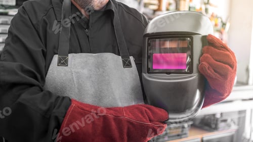 Preview: Worker in special clothes and helmet works as welding machine in his workshop.