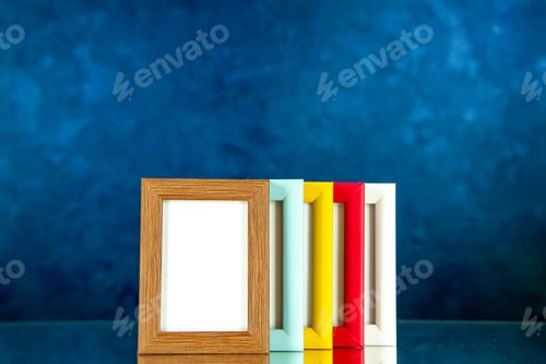 Preview: front view different picture frames with colored corners on blue background family memory glass